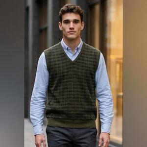 Alfani SZ L Dark Olive Green V-Neck Italy Wool Blend Sweater Vest Preppy